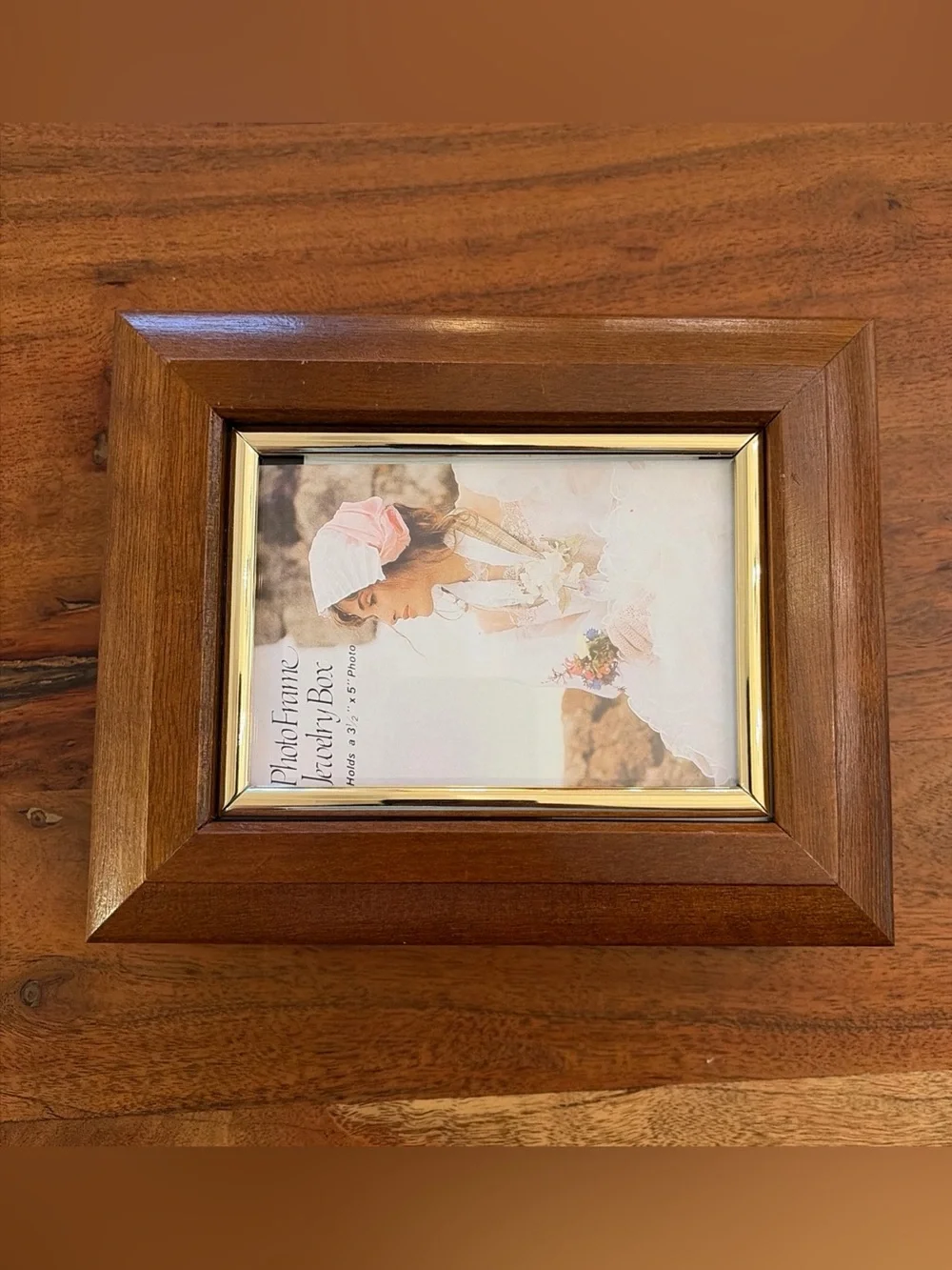 Vintage Wood Photo Frame Jewelry Box Velvet Lined Trinket Keepsake Chest 8